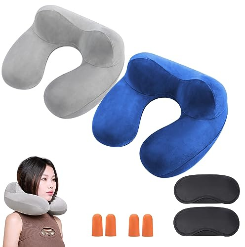 Diyauder Oreiller de Voyage Gonflable,2 Sets Coussin de Voyage Gonflable,Oreiller Gonflable,Coussin Avion Oreiller Gonflable Lavable avec Bouchon d'oreille et Masque Oculaire,pour Avion et Train