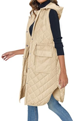 Wenrine Chaleco largo sin mangas para mujer, chaleco acolchado de invierno con capucha y bolsillos, informal, caqui, M
