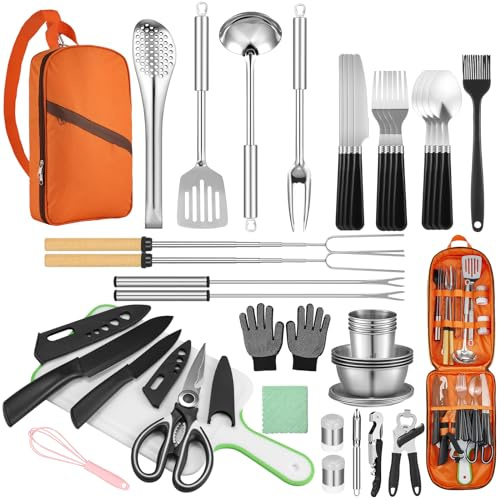 Hozzen 45-Pcs Camping Cooking Utensil Set - Car Camping Essentials Gear for Cooking and Grilling, Portable Camp Kitchen Set, Ideal Gift for RV Tent Camper, Picnics, BBQs, Parties