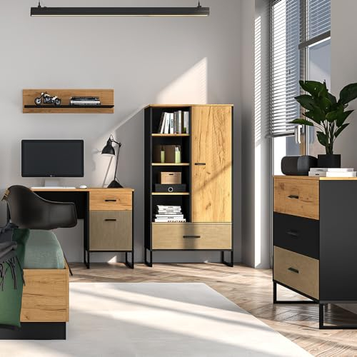 Lomadox Jugendzimmer Set 4-teilig mit Schreibtisch, Highboard, Kommode, Wandboard in Eiche schwarz Sandfarben modern