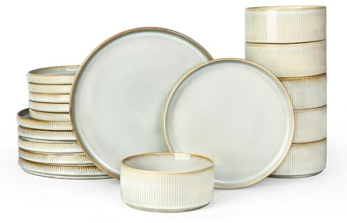 famiware Star Plates and Bowls Sets, Modern Stoneware Dinnerware Sets for 6, 18-Piece Kitchen Dish Set - Chip and Scratch Resistant, Microwave and Dishwasher Safe Tableware, Cappuccino White