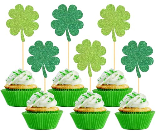 24 delar St Patrick's Day Cupcake Topper, St Patrick's Day tårtdekoration, glad St Patrick's Day grön topper dekoration klöver för St Patrick's Day - klöver mix grön