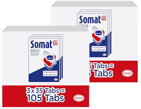 Somat Gold Spülmaschinen Tabs, 210 (2x 105 Tabs), Geschirrspül Tabs für strahlend sauberes Geschirr auch bei niedrigen Temperaturen, Extra-Kraft gegen Eingetrocknetes