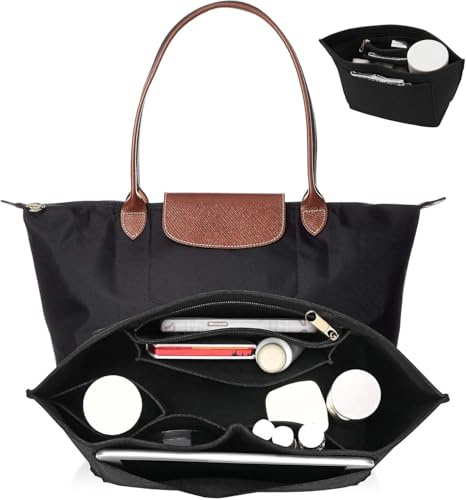 Umiup - Organizador para bolso Longchamp - Inserto de fieltro para bolsos de mano - Múltiples compartimentos - Inserto organizador de fieltro para bolsas de compras (Negro, M_Mediano)