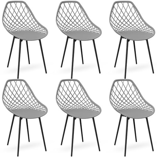 LEWE 6er Set Gartenstühle Wasserdicht, mit Netzarmlehne und Schwarzen Stellfüßen, Stabile Terrassenstühle, Outdoor & Indoor Stühle, für Esszimmer, Terrasse, Balkon - Grau