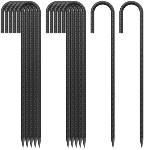 24 Inch Rebar Ground Stakes 3/8 Inch Tent Stakes Heavy Duty 12 Pack Steel Ground Anchors Chain Link Fence Stakes Trampoline Stakes with Chisel Point end for Swing Set and Camping Tent, Black