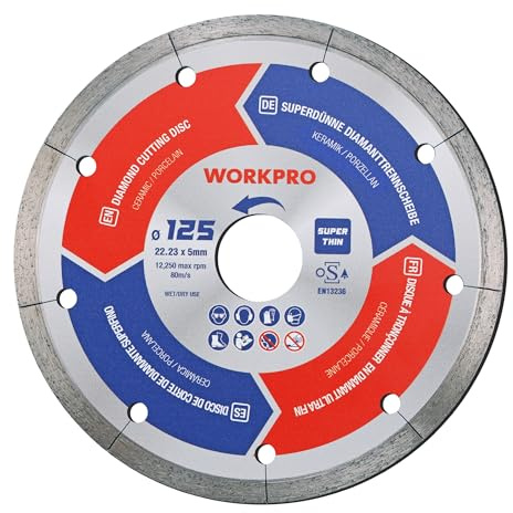 WORKPRO Profi Diamanttrennscheiben 125mm x 22,23mm | 1,2 mm Superdünne Diamantscheibe für Trocken- & Nassschnitt von Keramik und Fliesen, Kompatibel mit Winkelschleifer