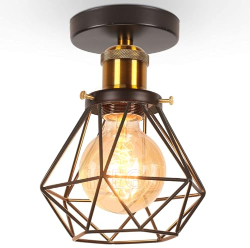 iDEGU Indistrielle Deckenleuchte 16cm Deckenlampe aus Metall Lampenschirm Geometrischer Käfig Retro Kronleuchter E27 Fassung Vintage Pendelleuchte für Flur Eingang Küche Schlafzimmer (Bronze)