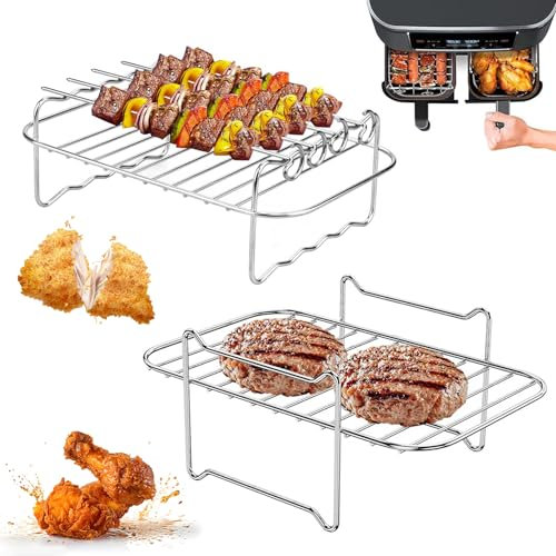 Omevett 2 Pcs Air Fryer Rack Stainless Steel Airfryer Rack with 4 Skewers Square Air Fryer Grill Rack Airfryer Accessories for Ninja Dual, Instant Vortex Plus, Most 3.7-5.8 Qt Air Fryers Ovens
