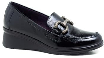 PITILLOS - Zapato mocasín de Piel,Adornado con eslabón,sin Cordones,Suela de Goma,Brillo,de cuña, para: Mujer Color: Negro Talla:39