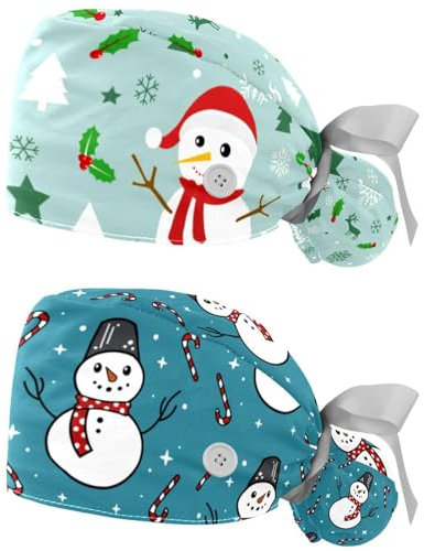 2 Packungen Scheuermütze für Damen, Weihnachtsbaum-Arbeitskappe mit Knöpfen, Pferdeschwanzbeutel, Raffhalter, Hüte, Operation, Krankenschwester, Mehrfarbig 8, Small-3X-Large