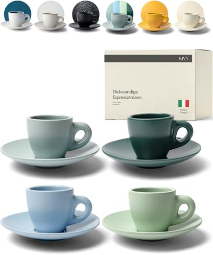 KIVY Juego de tazas de café expreso [4 x 75 ml] – tazas de espresso con platillos, hechas a mano, de pared gruesa, tazas italianas de espresso – tazas de espresso de gres de pared gruesa – verde y