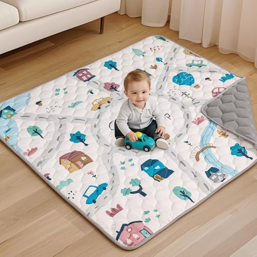 COMOMY Baby Play Mats for Floor, 127x127 cm Foldable Washable Baby Playmat for Playpen, Soft Thicken Padded Crawling Mat, Anti-Slip Activity Mat for Babies Toddlers and Kids, Greyish-White