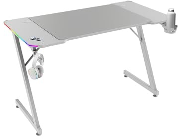 Mars Gaming MGD-X120RGB, Mesa Gaming Ergonómica, Iluminación ARGB con Mando, Fibra de Carbono, Alfombrilla XXL, Soporte Auriculares y Bebida, Gestión Cableado, Escritorio Gaming 120x60cm, Blanco