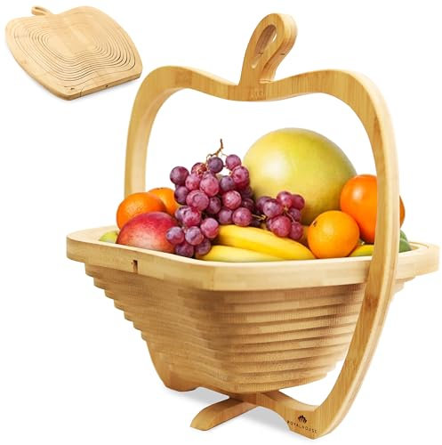 RoyalHouse Frutero plegable de bambú con forma de manzana, almacenamiento de frutas y verduras para encimera de cocina, cesta de frutas de bambú, cuenco de servir frutas de mesa (tamaño grande)