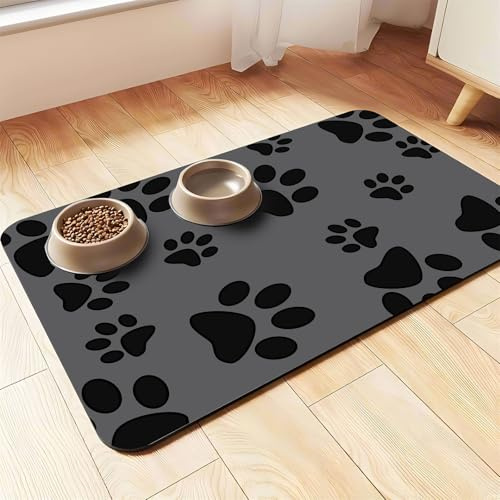 Hearda Futtermatte Hund rutschfest, Hundepfote Drucken Napfunterlage Hund Saugfähig Katzen Futternapf Unterlage Schnelltrocknend Unterlage Katzennapf Futternapf Matte (50x80cm,Dunkelgrau)