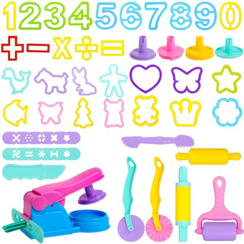 Fizdoqg 43 Stück Knete Zubehör Set Kinder Knetwerkzeug Knetä Zubehör Küche Spielzeug Kreatives Zubehör für Jungen und Mädchen DIY Knetmasse, Kreationsset