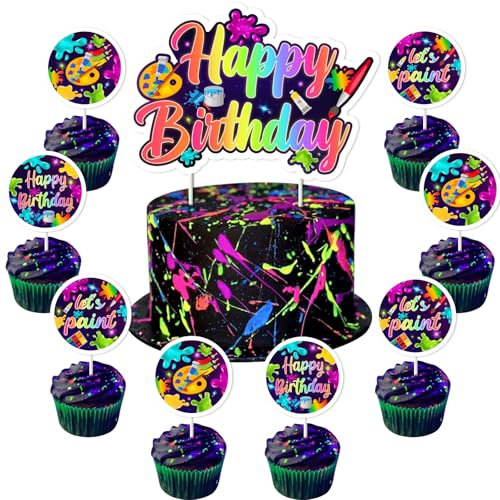 Wonmelody 25 Stück Kunstmal-Kuchenaufsätze, Dekorationen mit Neon, Happy Birthday-Kuchenaufsatz, zum Bemalen von Cupcakes, Neonfarbe, Geburtstagsparty-Dekorationen für Kunstmalerei, Party