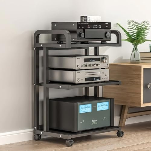 IMUNKT HiFi Rack Audio Regal Mit Rollen AV-Medienständer 3/4-Stufiger Stereo Medienschrank TV Rack Schallplattenständer Für Verstärker Plattenspieler Spielkonsolen(Black+Black,3 Tier)