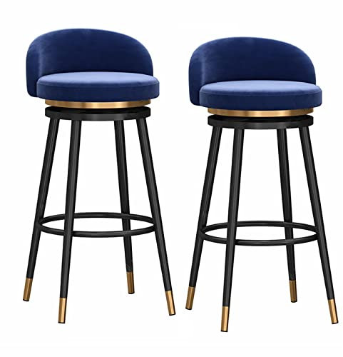 Farmhouse Barhocker, 2er-Set, Thekenhöhe, Drehhocker mit Rückenlehne, 360° drehbar, Samt, gepolsterte Sitzfläche, goldfarbene Metallbeine, Blau, 75 cm