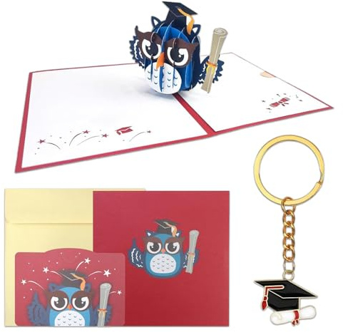 Pop Up Karte Bachelor Geschenk, POP UP Karte Eule Glückwunschkarte bestandene 3D Pop Up Karte - Eule mit Eule Doktorhut 3D Glückwunschkarte Abitur Geschenk Set mit Schlüsselanhänger 15x15cm Rot Blau