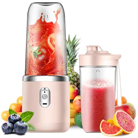 HIULLEN Batidora de Vaso Portatil, 400ML Mini Licuadora Recargable, Recargable Batidora de Vaso con Tapa y Vaso de Repuesto, Batidos Blender Para el Hogar, la Oficina, el Camping y Los Viajes