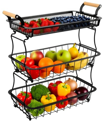 Spalivivre Obstkorb mit 3 Etagen und 2 Bananenaufhängern, Abnehmbarer Gemüsekorb und Metall Obstständer für Küche, Platzsparendes Regal für Äpfel, Zwiebeln, Snacks, Schwarz