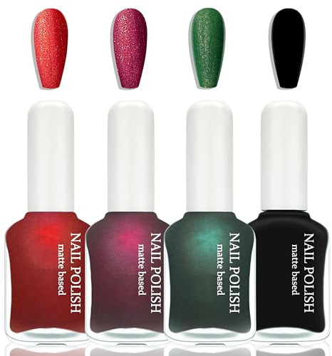 MrCuvaryas Set di 4 smalti opachi, ad asciugatura rapida e di lunga durata, a base d'acqua, verde perla, rosso perla, nero, impermeabile, senza lampada UV