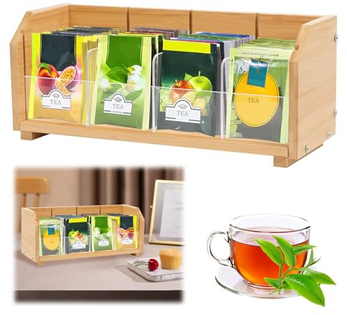 Wooden Tea Box, Tea Bag Organizer 4 Compartments Tea Storage Box with Removable Dividers Chest Holder Tea Caddy Organiser Coffee Bag Storage Box for Tea Coffee Sugar Sweeteners Packets Storage
