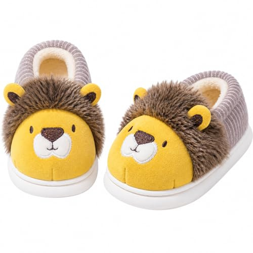 Chaussons enfants hiver en peluche douce avec semelle antidérapante intérieur chaud design animal mignon fille garçon (Lion, Enfant de 2 à 5 ans, 25, Numérique, Système Taille Chaussures EU, Moyen)