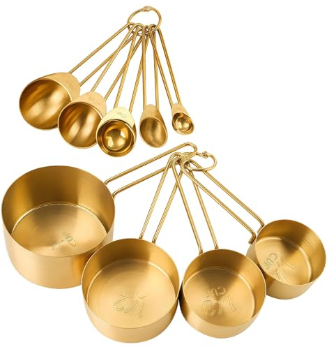YOFAPA 9 Pcs Stainless Steel Measuring Cups and Spoons Set, Gold Color with Clear Scale, Includes 4 Cups and 5 Spoons for Baking, Cooking and Coffee Measuring