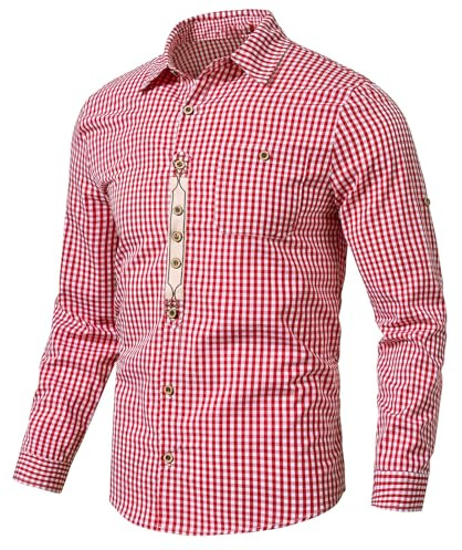 Generisch Camisa tradicional para hombre, sin planchado, a cuadros, manga larga, Oktoberfest, informal, con botones, camisa de manga larga, cuello Kent, camisa de verano, corte regular, camisa a