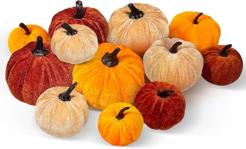 LMSHOWOWO 12 Pcs Fall Artificial Pumpkins, 3 Sizes Fake Velvet Small Foam Pumpkin, Orange Brown Khaki Harvest Pumpkins, for Fall Harvest Thanksgiving Halloween Autumn Party Table Decor Decoration