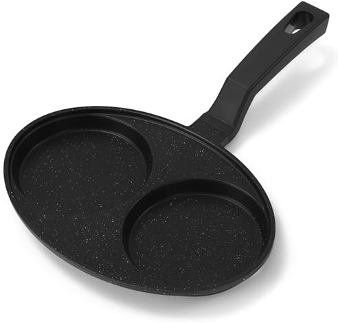 Kronabelle Nonstick 2-Cavity Frying Pan for Egg Burgers, Cookware with Locking Strainer Lid, Induction-Compatible, Black Handle with Hanging Feature, Smooth Wood Base