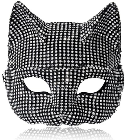 Licsaliwe Masque de chat à demi-visage, masque de strass sexy pour Halloween, soirée dansante, costume cosplay / 7.5x6.3