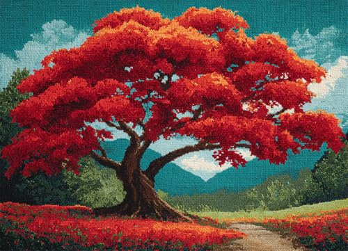 Knüpfteppich Zum Selber Knüpfen-Sets,Landschaft,ein großer Baum mit roten Ahornblättern,Handarbeit Selbst Knüpfen Set,Teppich Stickerei Handwerk Für Erwachsene Handarbeiten Diy Teppich,80x115cm
