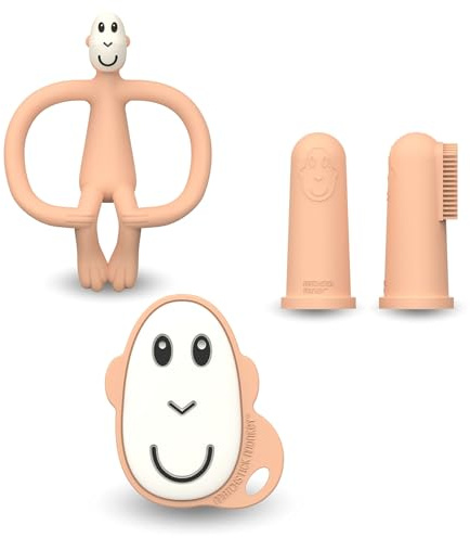 Matchstick Monkey Zahnungs Starter-Set – Flacher Beißring, Tier-Beißring & 2 Silikon-Fingerzahnbürsten, BPA-frei, Förderung der Feinmotorik, ab 3 Monaten, Geschenkset, Pfirsich