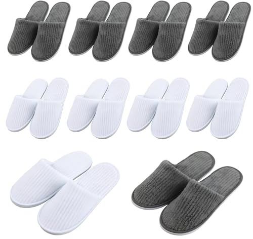 GOEDCH 10 par korallfleecetofflor, vita och grå spa tofflor, korallfleece gästtofflor, tvättbara bomullstofflor unisex, hotelltofflor för wellness, resor, badrum