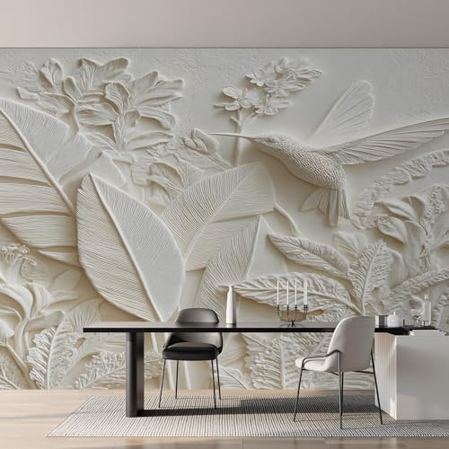 Générique Papier Peint Fleurs et Oiseaux 3D, Motif Papier Peint Intissé Panoramique Colibri Relief 150x105 Wallpaper Pour Salon Chambre Deco Murale W&83
