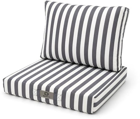Déco Arts - Lot de 2 Coussins Déhoussables Chaise de Jardin - Assise 40x40 + Dossier 45x45 cm - Imperméable Anti-UV - Coussin Chaise & Banquette Extérieur - Rayure Gris Foncé