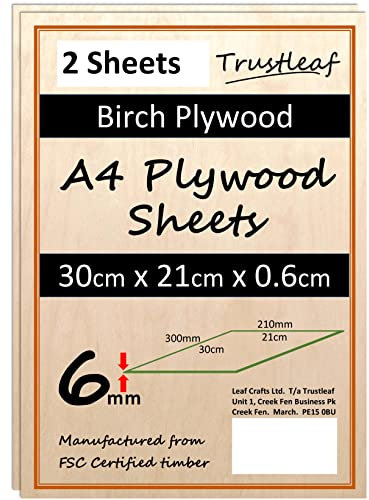 Madera contrachapada de abedul de 6 mm, A4-300 x 210 x 6 mm, paquete de 2, capas de pegamento E1 de bajo humo para láser.
