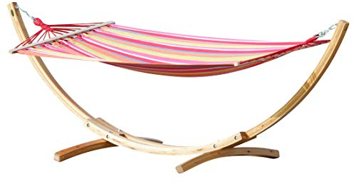 ALEOS. 320cm Hängemattengestell Blanca-Alicia Hängematte mit Gestell aus Holz Lärche Natur mit bunter Stabhängematte