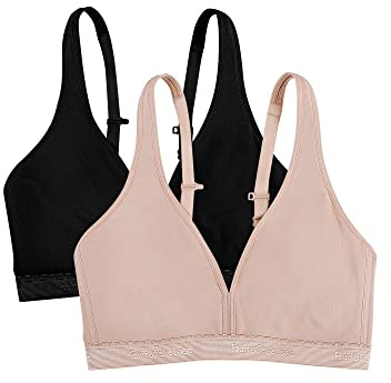 Fruit of the Loom Women's Wirefree Cotton Bralette Bra, Opaque, Black Hue/Sand, 34DD