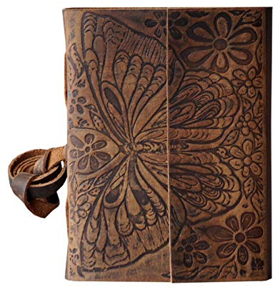 Fjäril handgjord vintage läderdagbok blomma präglad kontor anteckningsbok handbok skrift dagbok skissbok resedagbok för män och kvinnor fjärilsgåvor för mamma 12,7 x 18,8 cm