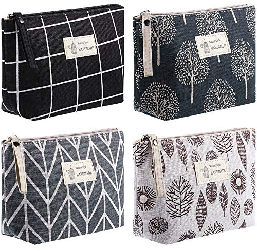 Boao 4 Pieces Canvas Makeup Bags Set Small Cosmetic Pouches for Purse with Zipper Multi Functional Toiletry Travel Case Organizer for Women Gift, 4 Styles(Small,Arrow, Plaid, Tree, Leave)