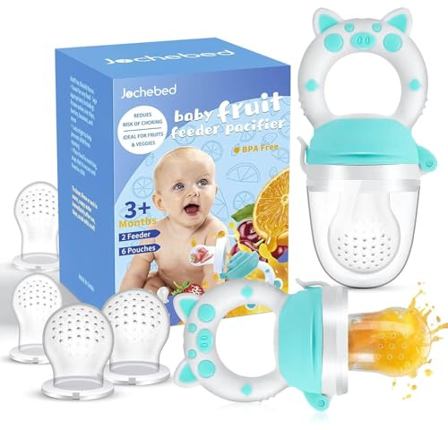 Baby Fruit Food Feeder Pacifier - Fresh Teething Pacifiers, Infant Fruit Teething Teether Toy for 3-24 Months, 6 Pcs Silicone Pouches for Toddlers & Kids & Babies, Piggy Handle 2-Pack (Blue)