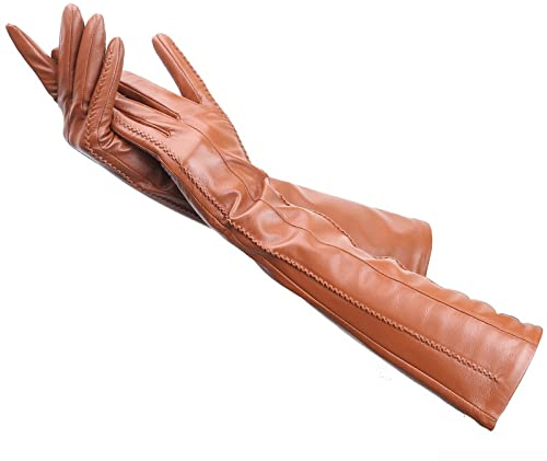 NJHGJ Handschuhe Damen Damenhandschuhe 50Cm Lang Lederhandschuhe Schaffell Damen Lederhandschuhe Warmhalten Damen Winterhandschuhe Khaki 7.5