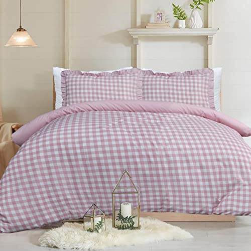 Sleepdown Parure de lit avec Housse de Couette et taies d'oreiller à Volants - Motif Vichy - Rose pâle uni - Super King Size (260 x 220 cm)