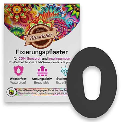 Diasticker | Dexcom G6 - Självhäftande lappar (10 stycken, Svart) | Vattentät - Andningsbar - Starkt grepp | CGM-sensor lapp, fixering, tejp, plåster, fixeringsgips