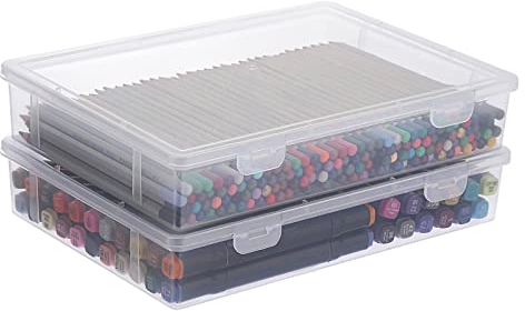 BTSKY 2 PCS Medium Size Clear Stackable Rectangular Storage Box with Flap Lid - Home/Office Plastic Desk Organizer Storage Organzier Makeup Stograge Containers Storage Cases